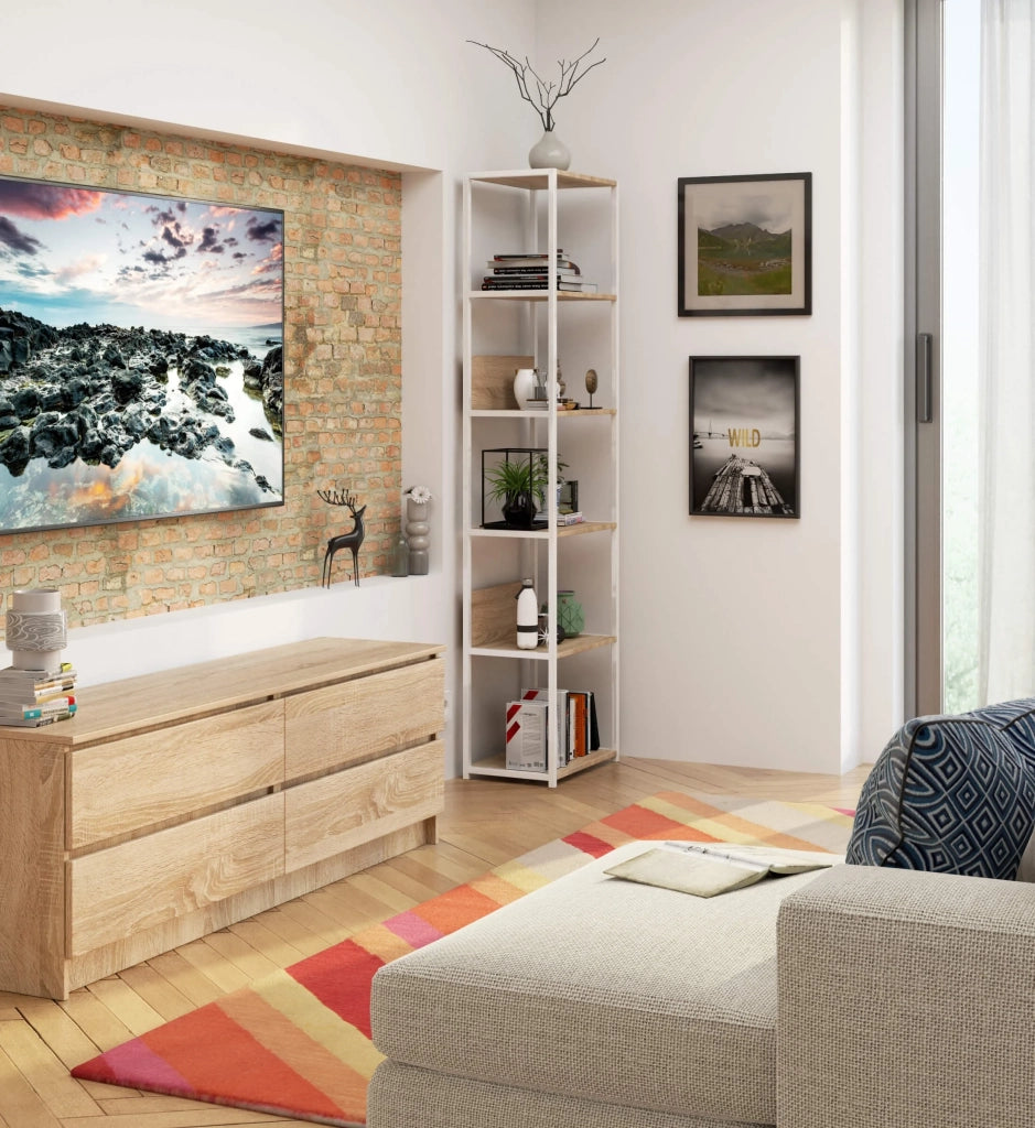 Scaffale stilo loft con ripiani in legno 50 cm Bianca 50 cm inserto frontale Sonoma Quercia 50x32x192 cm