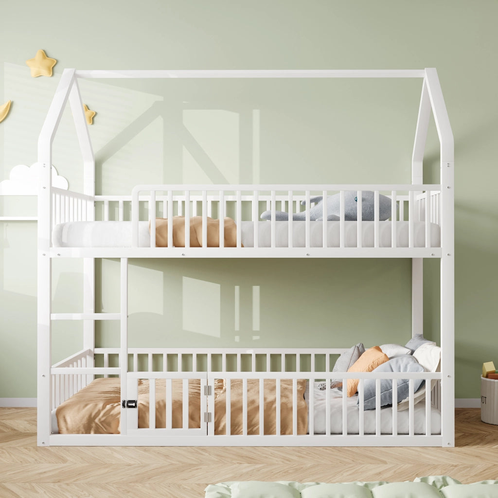 Letto a Castello 90x200 cm con Scala Frontale e Porta Apribile; in Metallo; Bianco