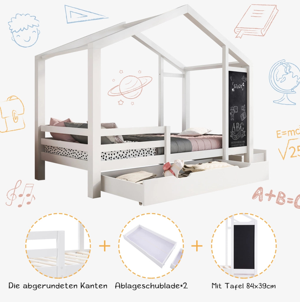 Letto a casetta per bambini 90x200 cm con lavagna e cassetti
