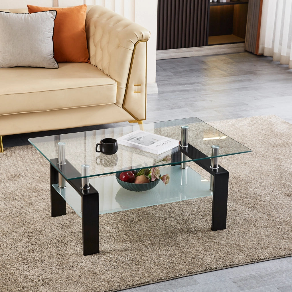 Tavolino da caffè con piano a 2 livelli - per soggiorno - in vetro e metallo - 100×60×44 cm - trasparente