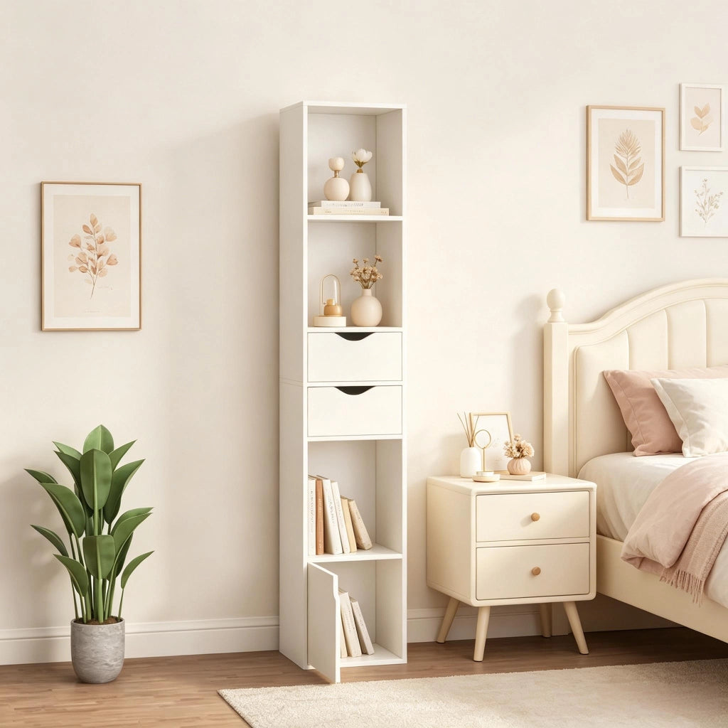 Libreria con 3 vani aperti, 2 cassetti e 1 anta, ripiani regolabili, per soggiorno e ufficio, bianco, 30 × 157,5 × 24 cm