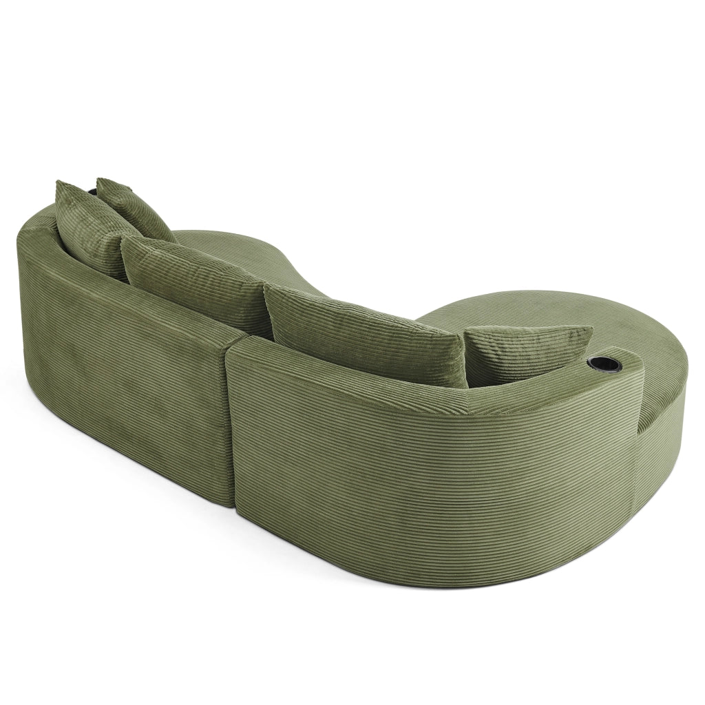 Divano Dritto a 3 Posti con Portabicchieri e Cuscini, Design Curvo, in Schiuma e Tessuto a Coste, Verde