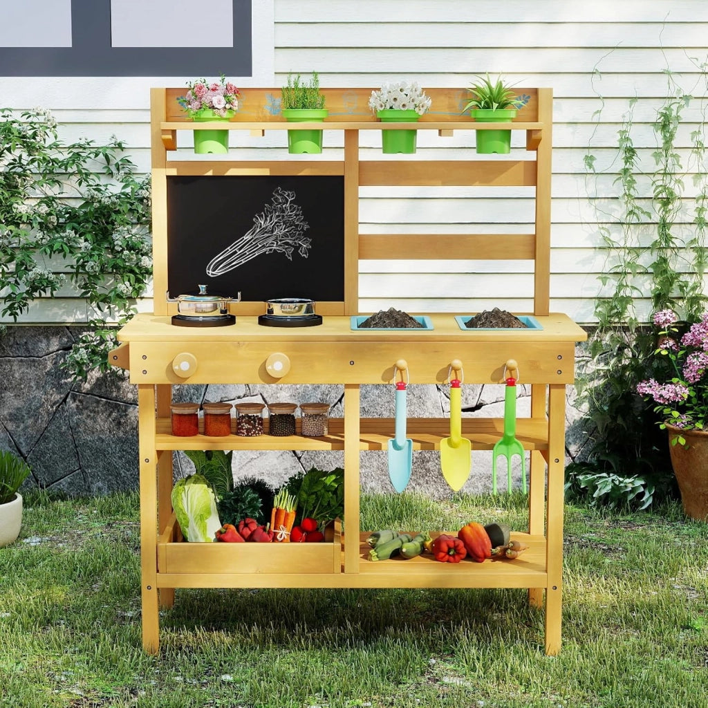 Cucina in Legno per Bambini, Cucina da Gioco all'Aperto con Rubinetto, Lavandini Rimovibili, Lavagna, Fornelli, Manopole, Vasi di Fiori e Accessori per Piantare, per Bambini 3+ Anni