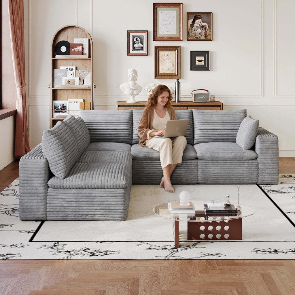Divano Cloud 340cm ¨C MINIMAL ¨C Tessuto Velluto a Coste, Grigio Scuro, Imbottito, Sfoderabile