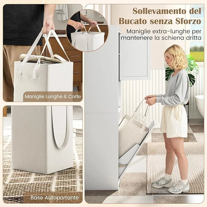 Mobile da Bagno, Armadietto Alto in Legno con Ripiano Regolabile, Cestino per Portabiancheria con Maniglie e Mensola Aperta, 40 × 40 × 170 cm, per Bagno e Cucina (Bianco)