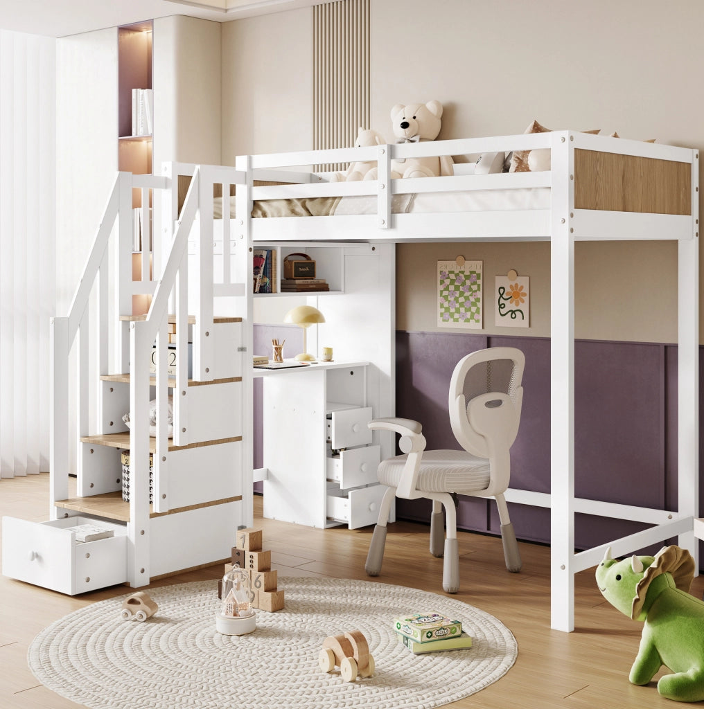 Letto a castello 90x200 cm con scrivania, cassetti e scala contenitore