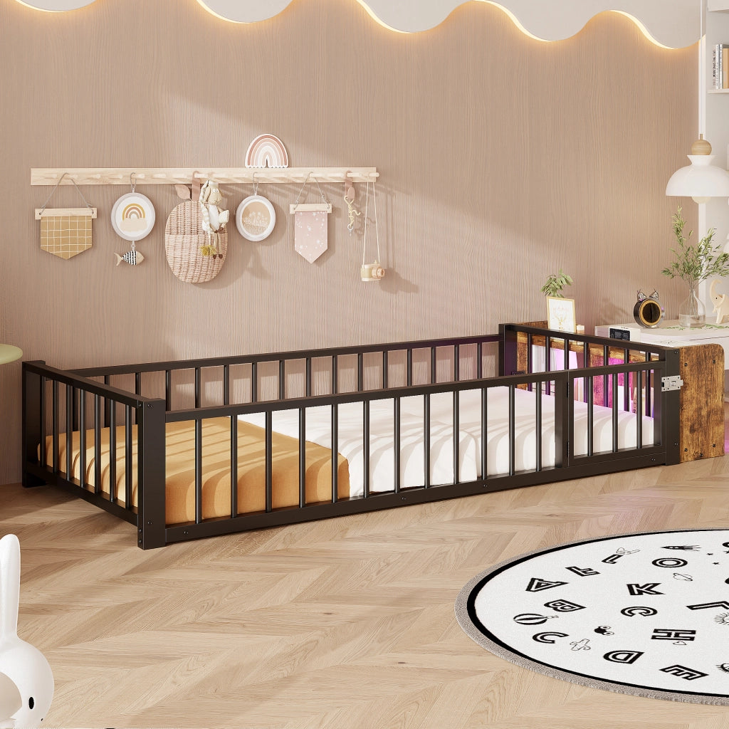 Letto in metallo con cassetti LED 90x200 MDF nero e metallo