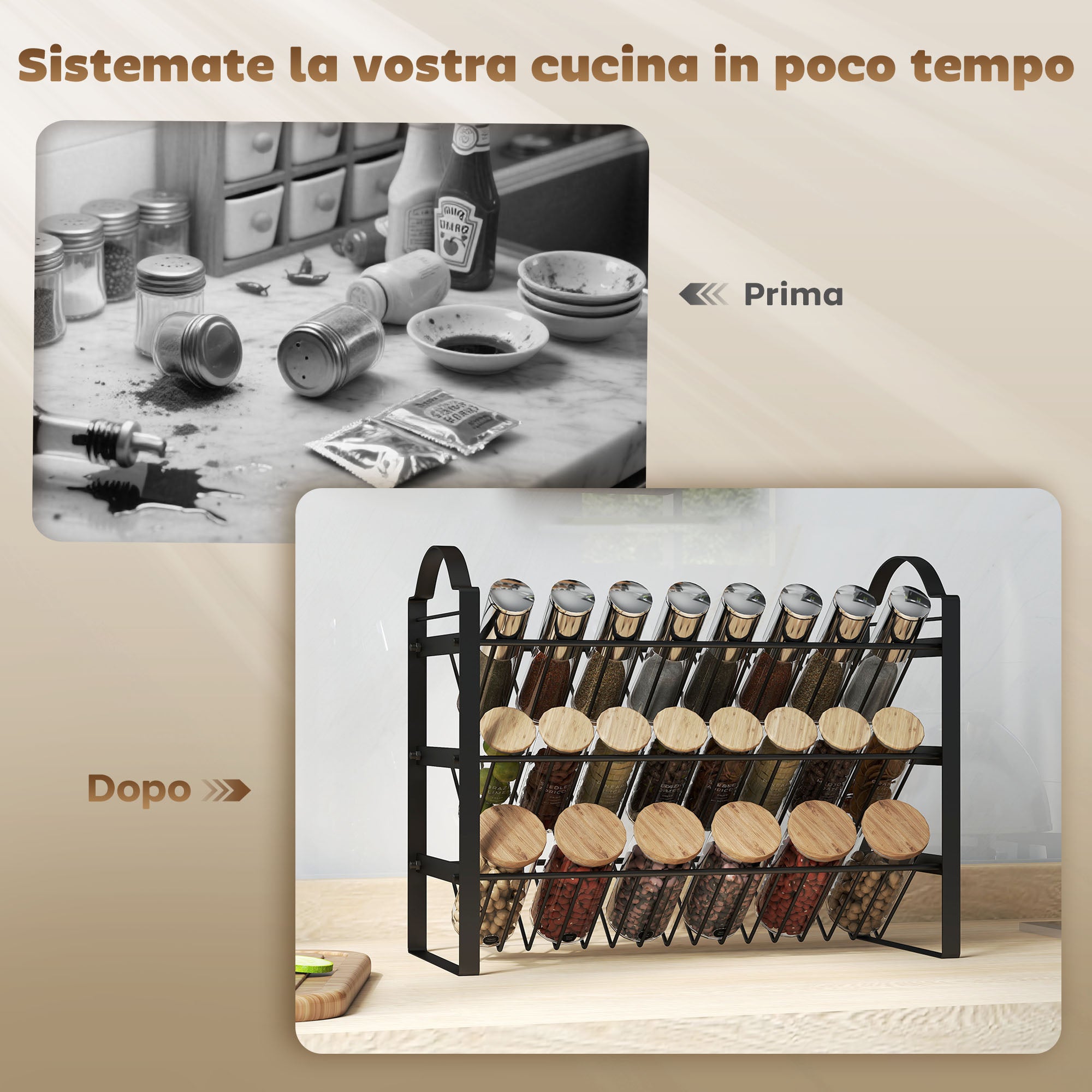 Portaspezie da Cucina a 3 Livelli 39,5x18x33 cm con Ripiani Inclinati in Metallo Nero