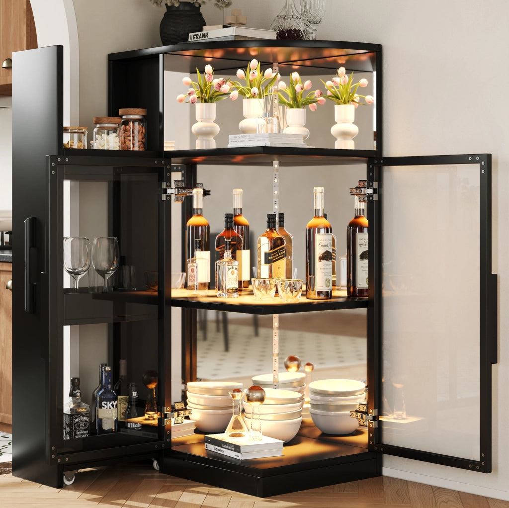 Vetrina 64x42x112 cm con LED multicolore e mobile laterale estraibile; vetro e truciolare nera