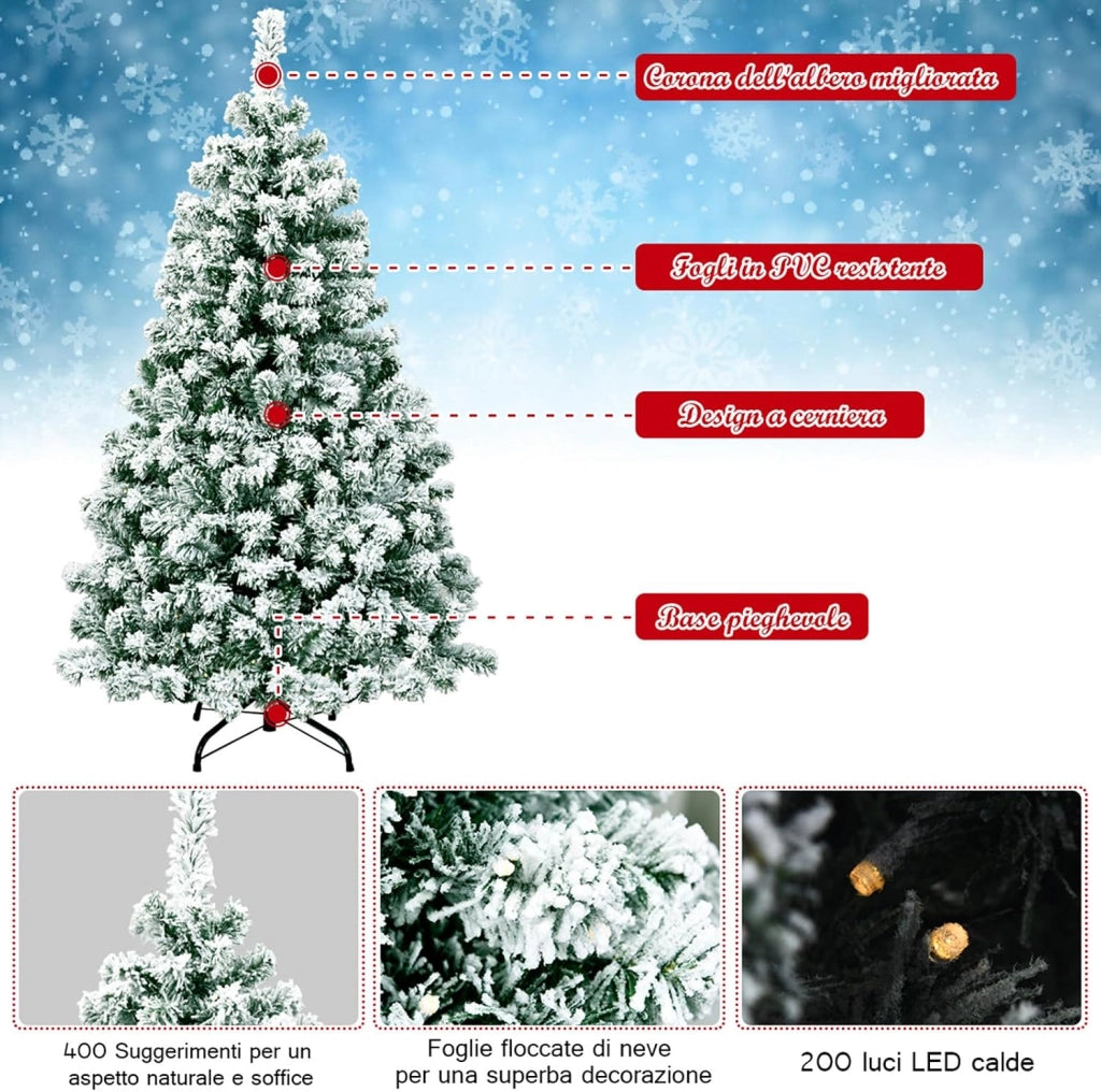 Albero di Natale Innevato 135 cm, Albero di Natale con 200 Luci LED Bianche Calde, 400 Rami, Base in Metallo, Decorazione Natalizia per Casa e Negozio (135 cm)
