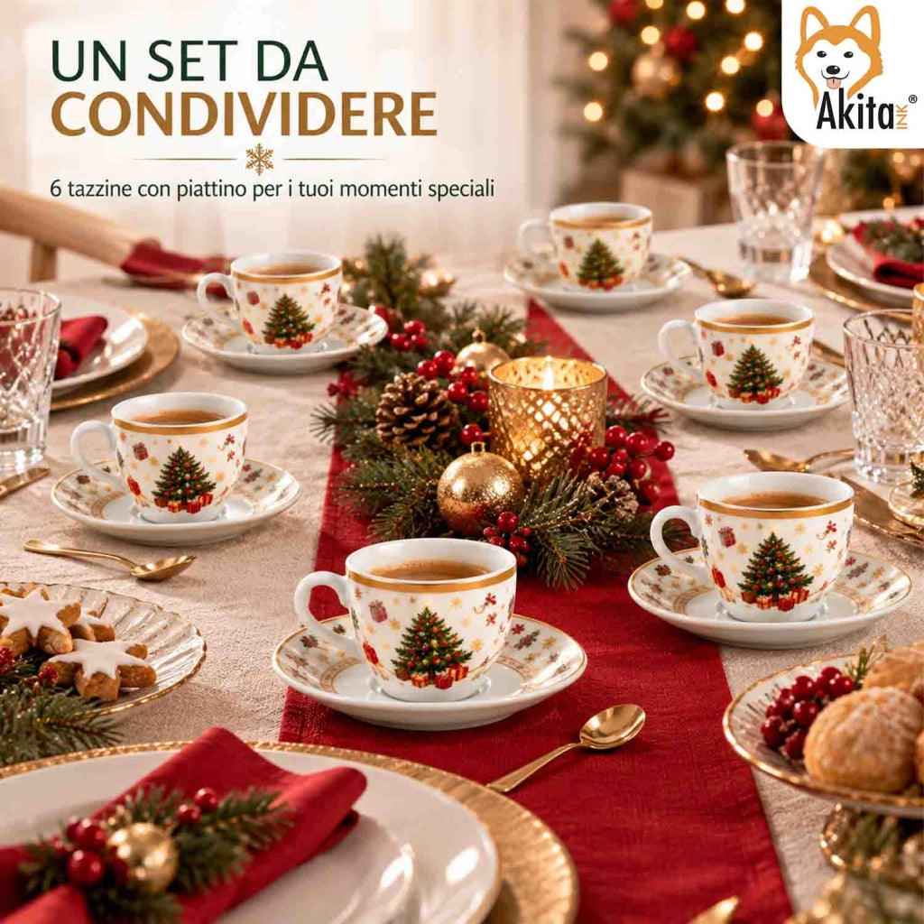 Akitaink 6 Tazzine da Caffe' Christmas Tree Gold con Piattino