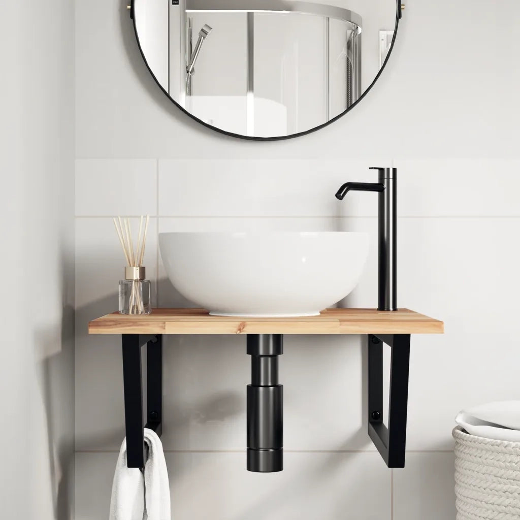 Ripiano a Parete per Lavabo-Mensole a Muro in Acciaio e Massello di Acacia 959769