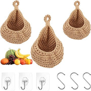 Set di appendi-frutta per cucina in cotone a maglia a mano - 3 appendi-frutta - con 3 adesivi per muro, 3 ganci - per verdure e frutta, contenitori per piante