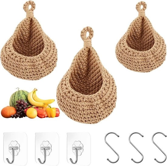 Set di appendi-frutta per cucina in cotone a maglia a mano - 3 appendi-frutta - con 3 adesivi per muro, 3 ganci - per verdure e frutta, contenitori per piante