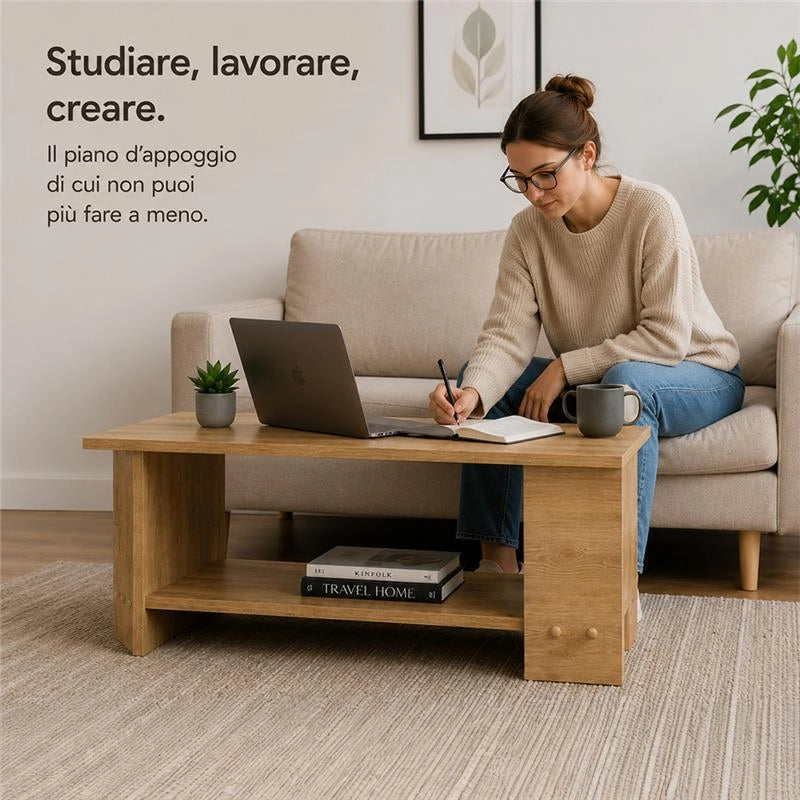 TAVOLO DA CAFFÈ RETTANGOLARE CON RIPIANO E 4 SUPPORTI COLORE ROVERE DIMENSIONI 89X48X42 CM