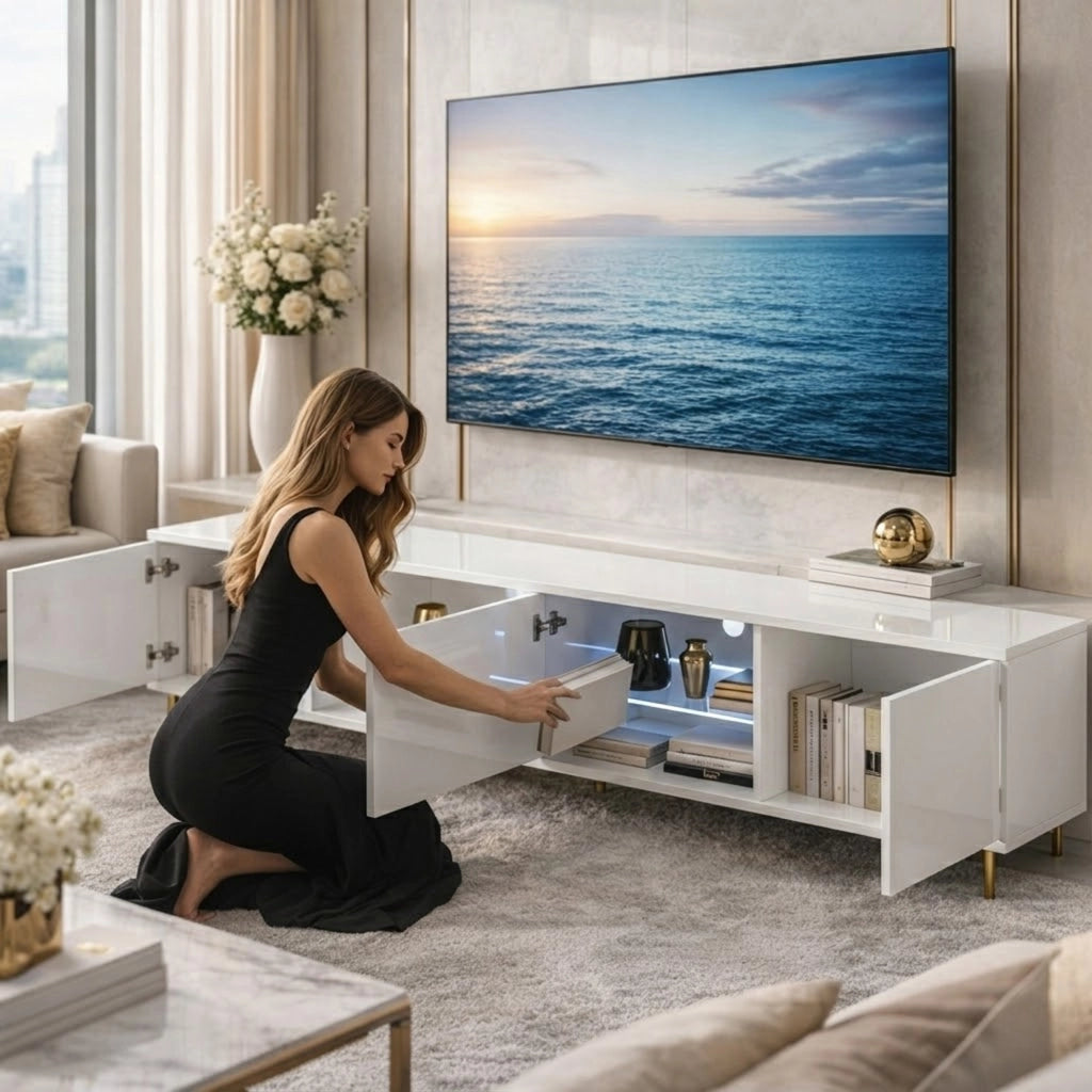 Mobile TV L Con Tre Ante Battenti Vano Centrale Con Ripiano In Vetro E LED Porta Televisore In Melanico Piedini In Metallo Per Soggiorno Salotto Zona Living 175 x 40 x 31.5 cm Bianco