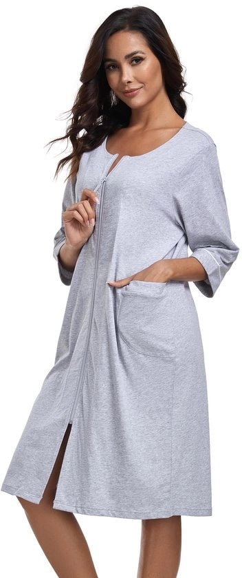 Camici da bagno per donna con zip, giacca leggera in cotone 100%, pigiami con maniche 3/4 e tasche (grigio, M)