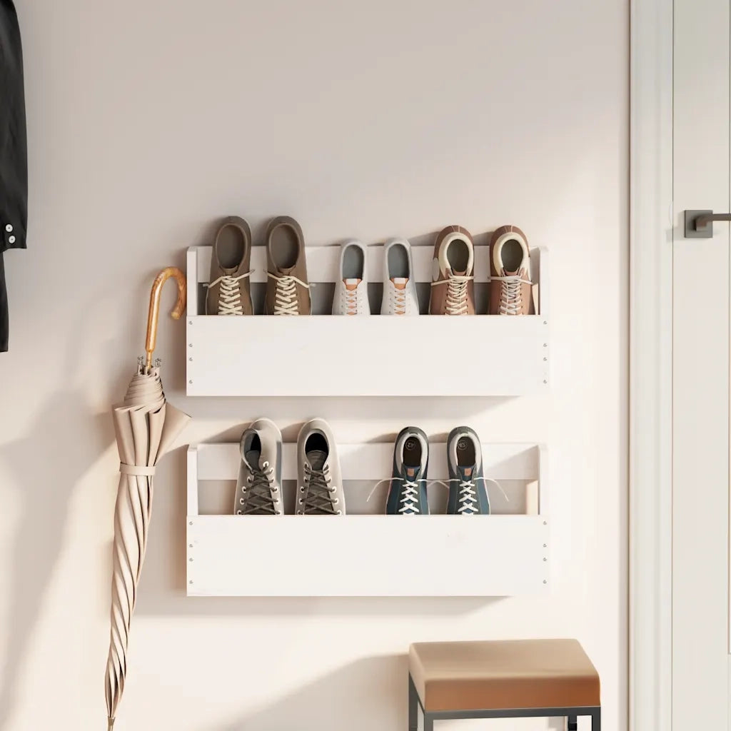 Scarpiere a Parete 2 pz | Mobile per scarpe Bianco 59x9x23cm Legno Massello di Pino