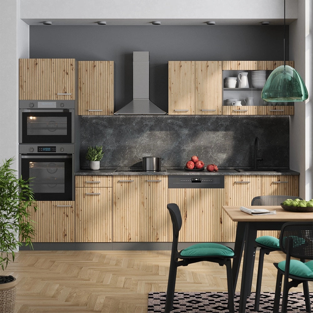 Cucina componibile R-Line Rovere artigianale/Antracite 300 cm con armadio alto, PL Rovere Vicco