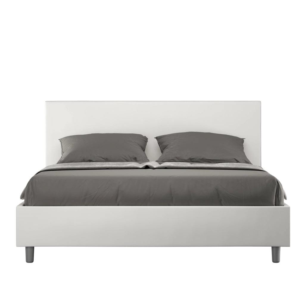 Letto Matrimoniale 160x200 cm con Rete e Contenitore Giroletto con Alzata Comoda Imbottito in Similpelle Adele Bianco