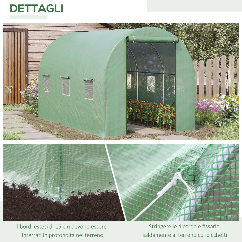 EasyComfort Serra per Orto a Tunnel 3.5x2x2m in PE e Metallo con 6 finestre e Porta Avvolgibile, Verde