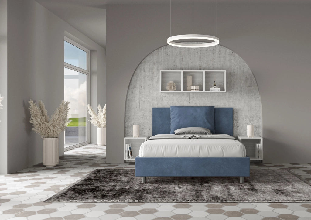 BS COM Letto matrimoniale francese contenitore imbottito 140x190 microfibra blu