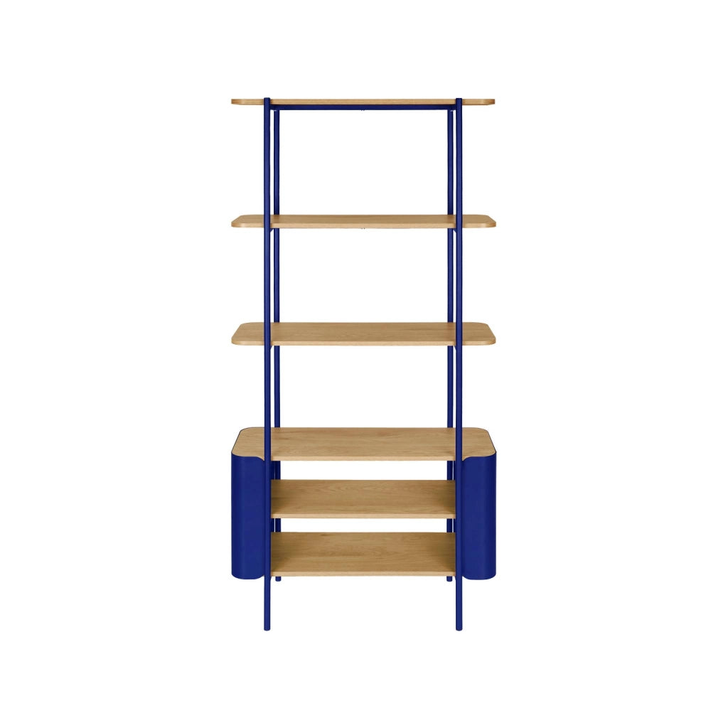 Libreria in metallo curvato e legno a 6 livelli, blu