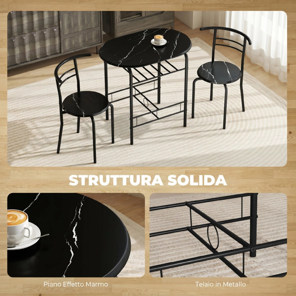 Set Tavolo Moderno con 2 Sedie per Sala da Pranzo Design Salvaspazioin MDF e Metallo Marrone e Nero