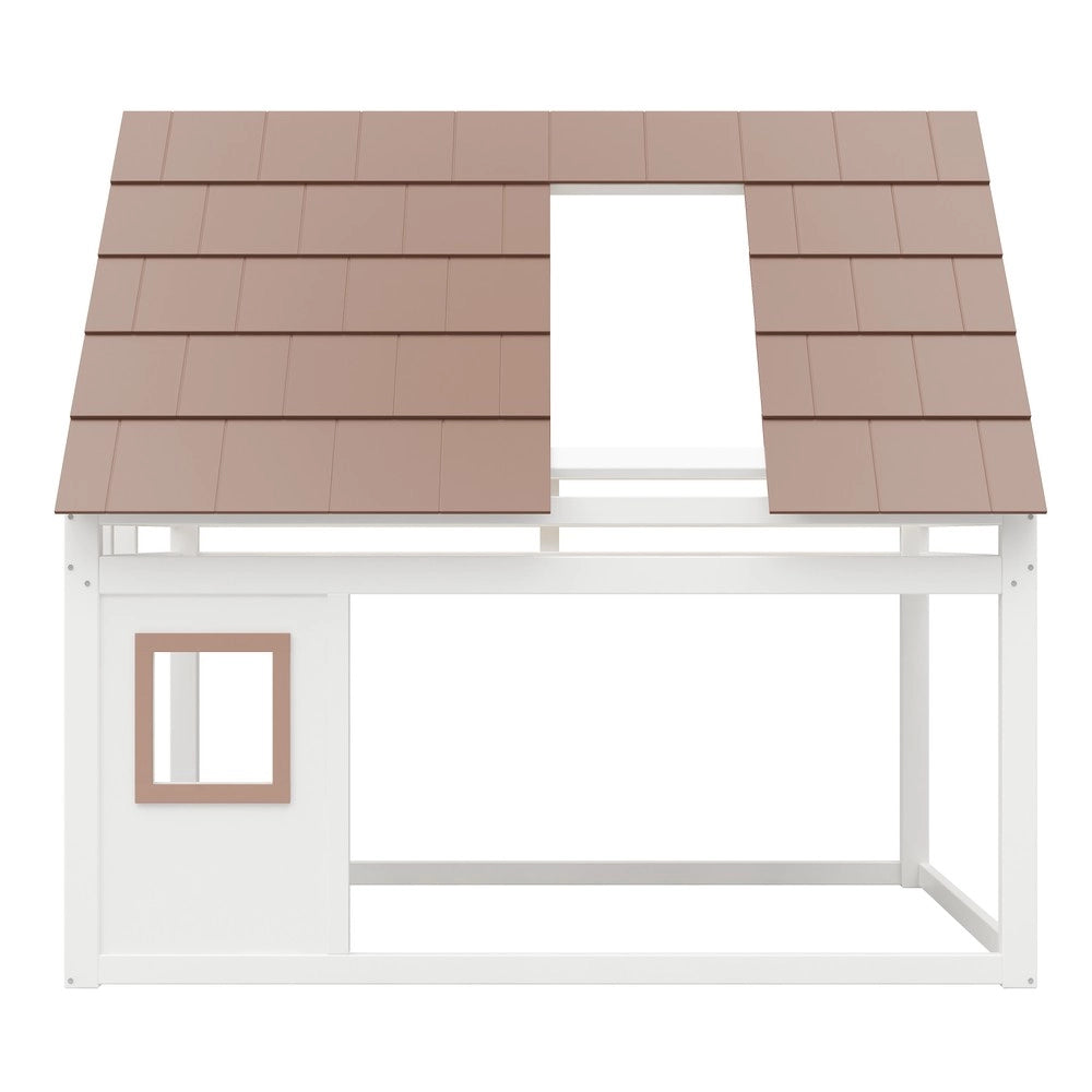 Letto a Castello in Legno con Tetto e Scala ¨C Xylo ¨C Bianco e Marrone, 140x200 cm