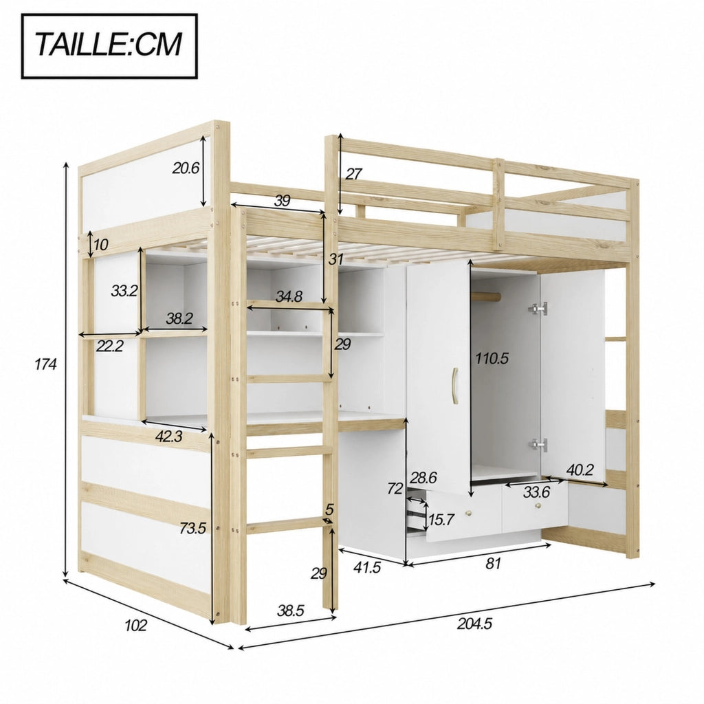 DESMIU Letto a soppalco 1 posto con scrivania, armadio e cassetti, 90 × 200 cm, senza materasso, legno