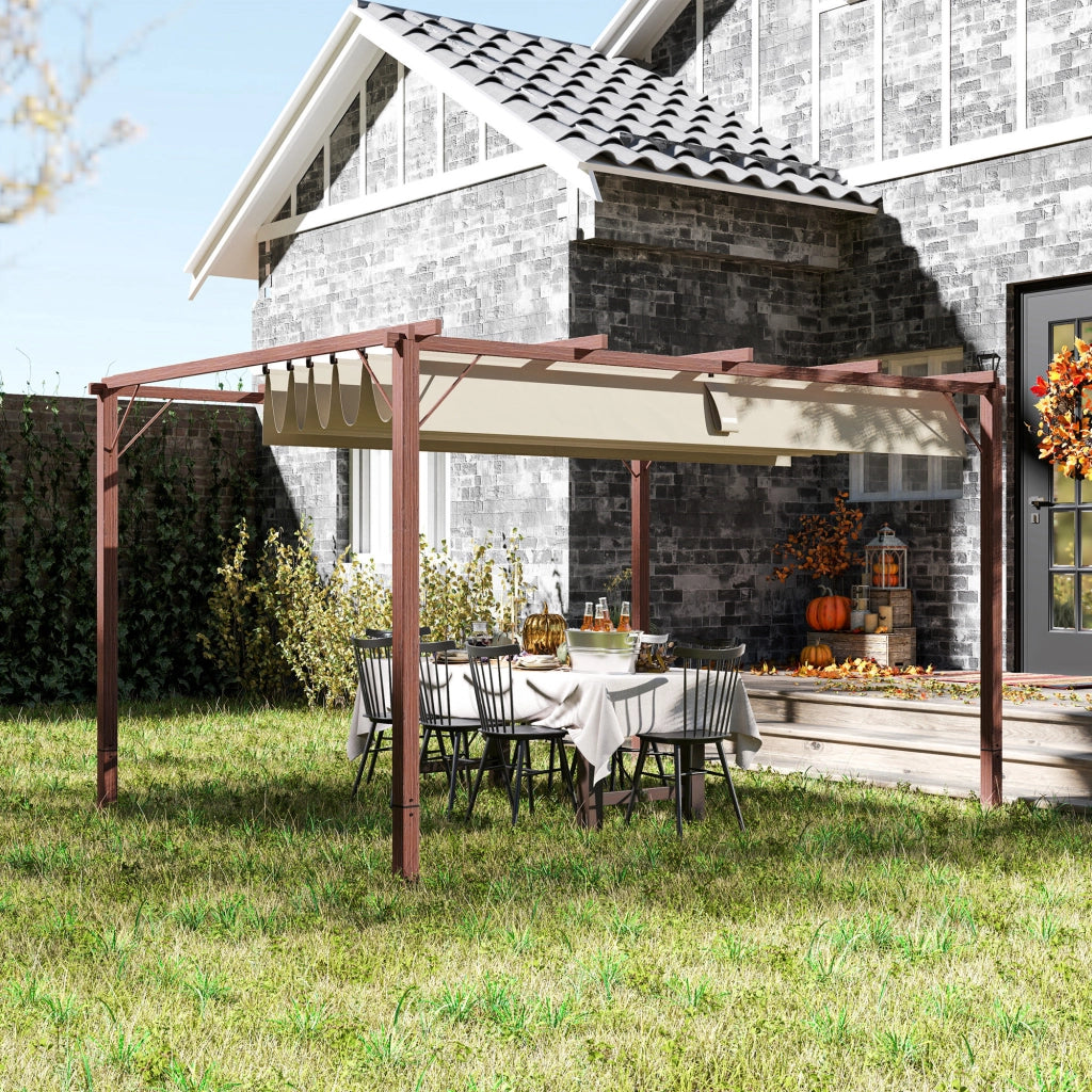 Gazebo Pergola con Tetto Retrattile ¨C Minimal ¨C Poliestere, Alluminio, Legno, 382x300x232 cm