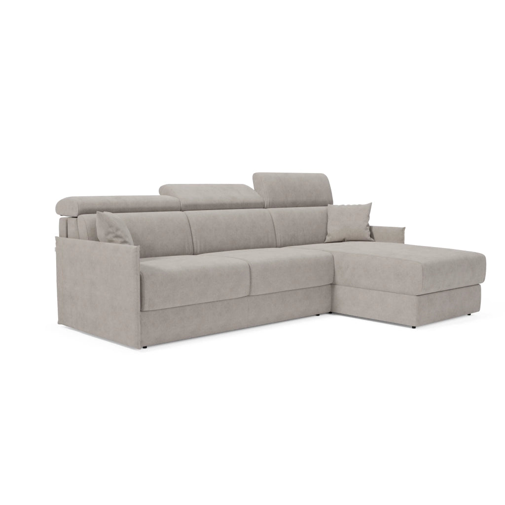 Miryam divano letto angolare compatto - poggiatesta reclinabili e penisola contenitore in tessuto smacchiabile T31 252 cm destro grigio perla