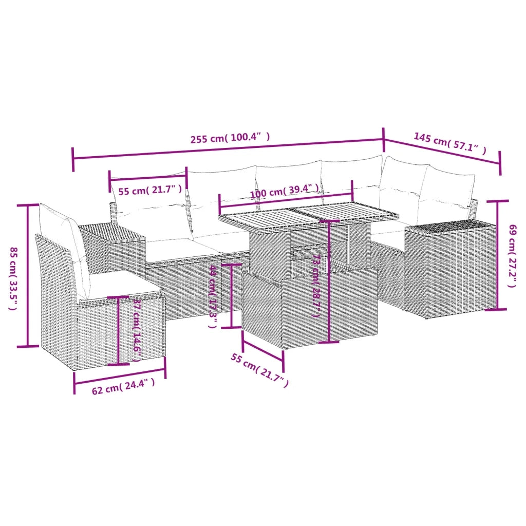 Set Divani da Giardino con Cuscini 7pz Nero Polyrattan