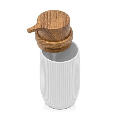 Set accessori bagno con dispenser e portaspazzolini bianco cannettato ed effetto legno Blob