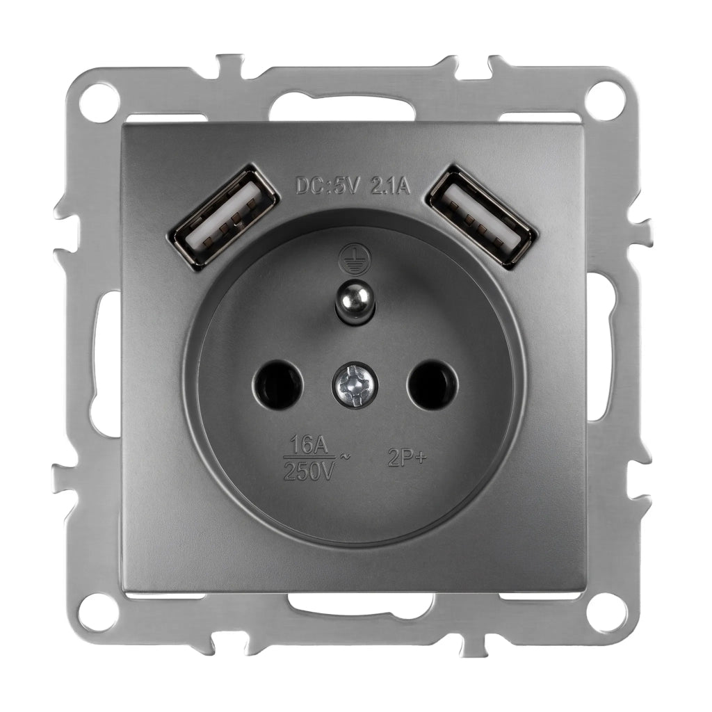 Presa Singola Con Messa A Terra + 2x Usb-a Oste Jnh003-g Grey