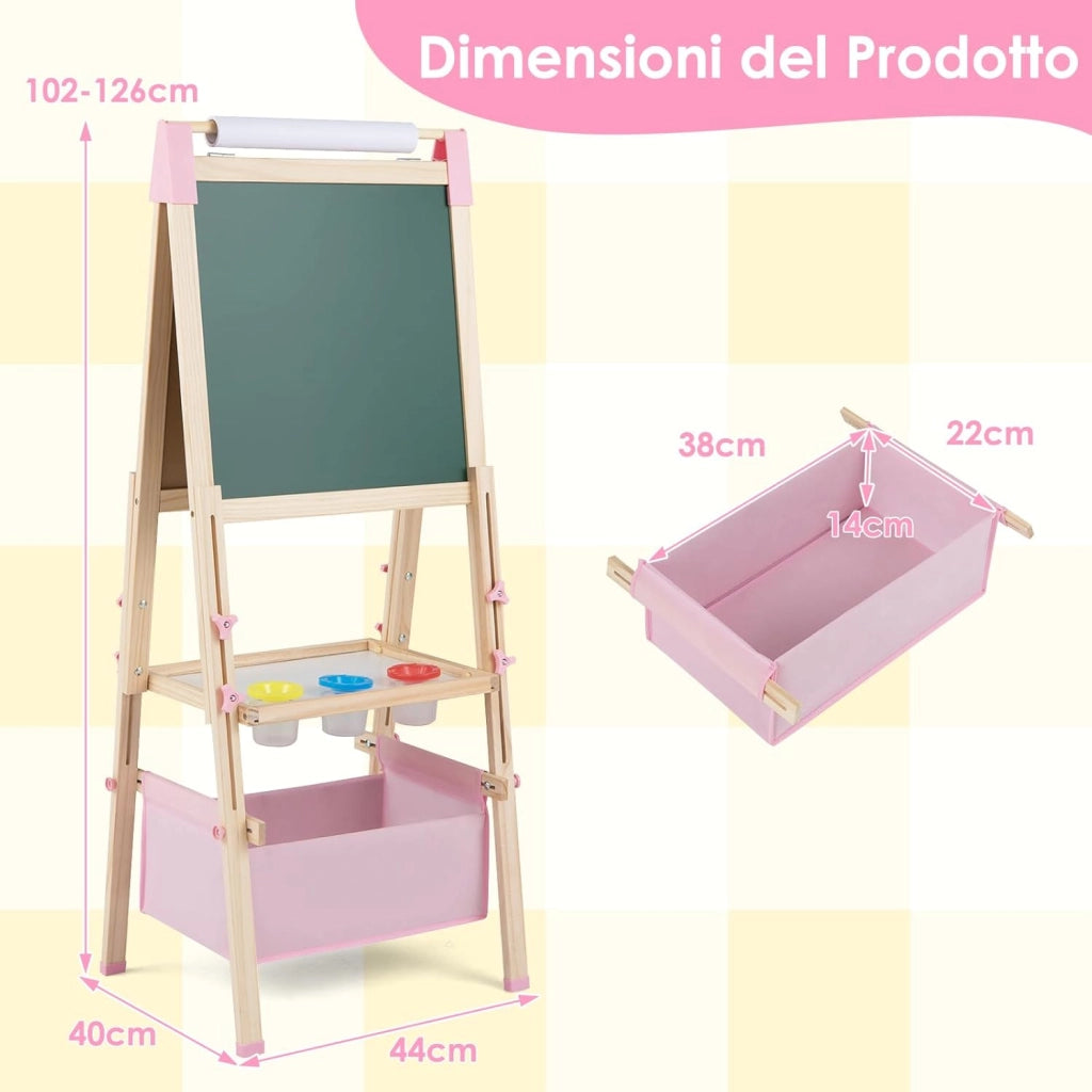 Cavalletto per Bambini Regolabile in Altezza in Legno, Cavalletto a Doppio Lato con Lavagna Magnetica e Bianca, con Scatola, Magneti con Lettere e Numeri, per Bambini 3-8 Anni (Rosa)