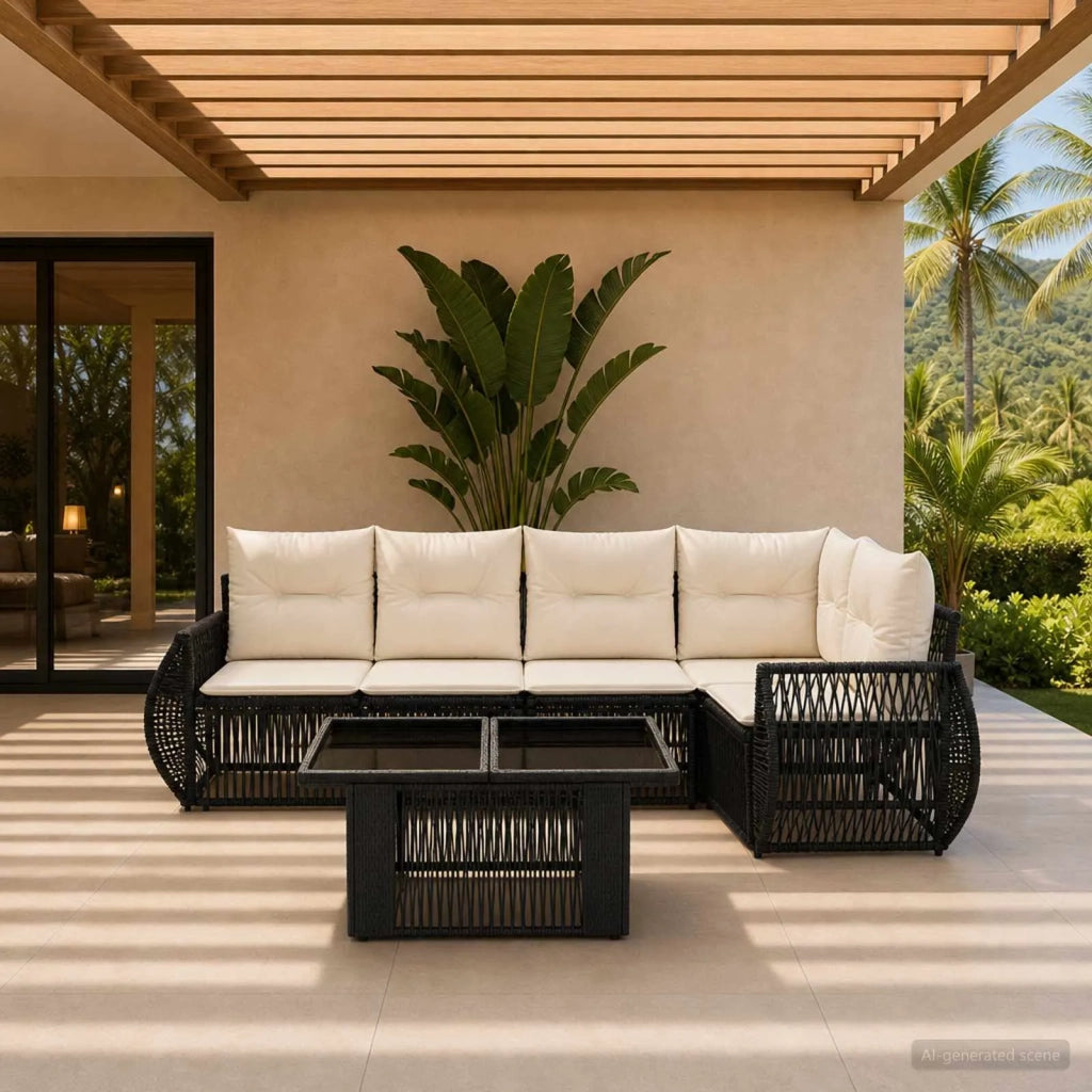 Set Divano da Giardino 6 pz Nero e Bianco Crema polyrattan 3436942