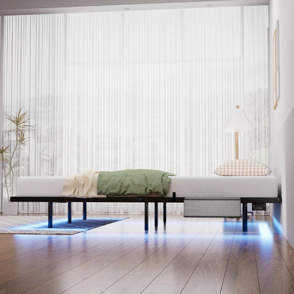 Letto flottante in metallo con LED e doghe, 160x200 cm, nero