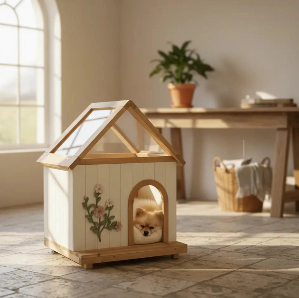 Casetta per gatti e cani di piccola taglia in legno con tetto in acrilico 60x55x80 cm; bianco