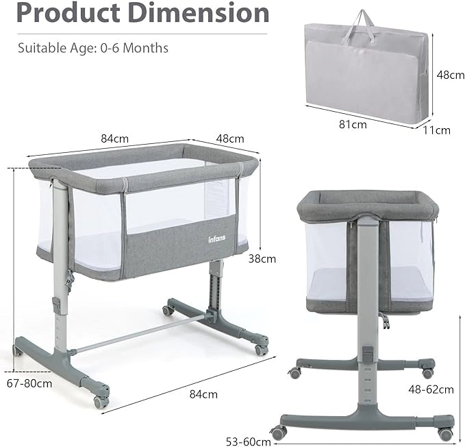 3 in 1 Culla Neonato Fianco Letto, Lettino Neonato Dondolo con Materasso, Culla Co-Sleeping Fino a 9 kg, Altezza Regolabili, 84 x 59,5 x 80,5cm (Grigio)