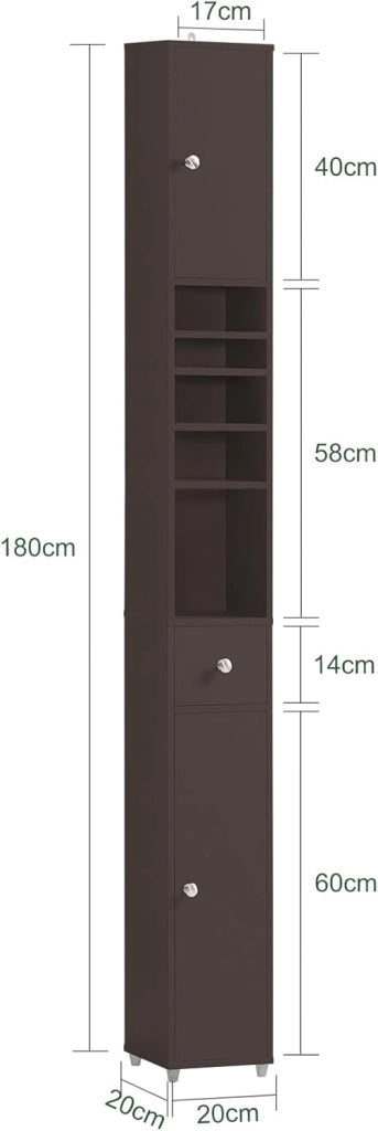 Mobile Bagno Stretta – Colonna Bagno Idrorepellente, Alto con Ripiani Regolabili e Cassetto – Armadietto Salvaspazio, MDF, Marrone scuro, 20x180x20cm, BZR34-II-BR