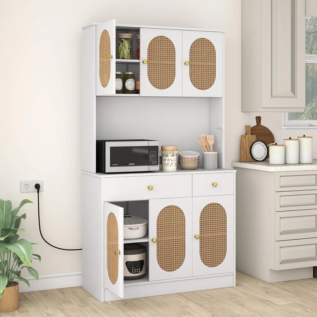 Credenza Buffet da Cucina, Armadio Alto con Ante in Rattan PE, 2 Cassetti e Stazione di Ricarica, 100 x 40 x 180 cm, Mobile Ausiliario in Legno per Sala da Pranzo, Soggiorno, Nero/Bianco