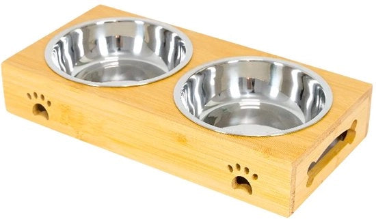 Ciotola per cani e gatti, Ciotola per alimenti per cani e gatti, Doppia ciotola in acciaio inossidabile, Base in bambù antiscivolo (acciaio inossidabile, doppia)