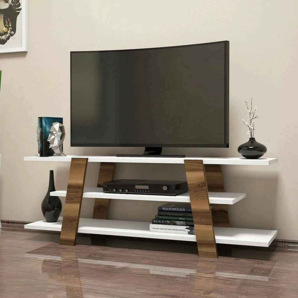 Mobile porta TV Bellagio, Credenza da soggiorno, Armadio basso per TV, Base parete attrezzata, 120x34h42 cm, Noce e Bianco