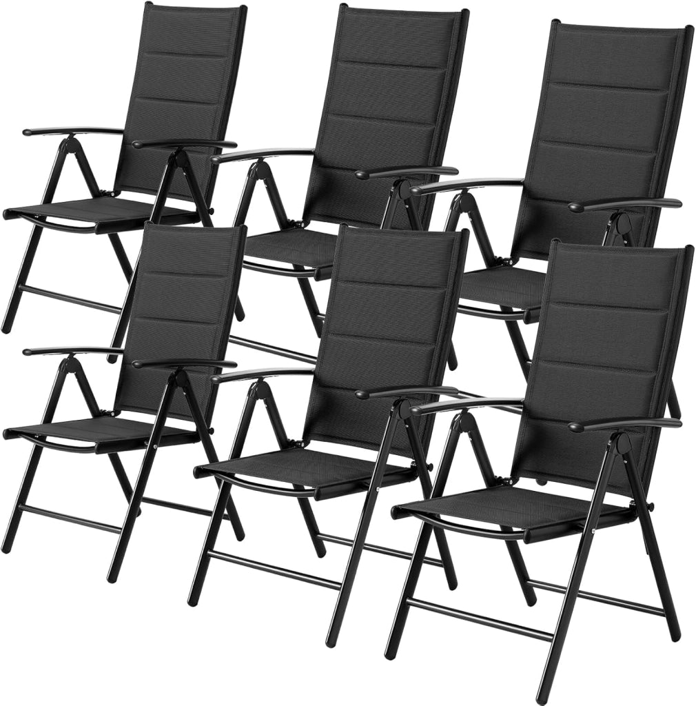 Sedia da giardino con schienale alto, pieghevole, set da 6 sedie da balcone in alluminio, con schienale trapuntato e seduta regolabile in 7 posizioni, fino a 120 kg, per sala da pranzo