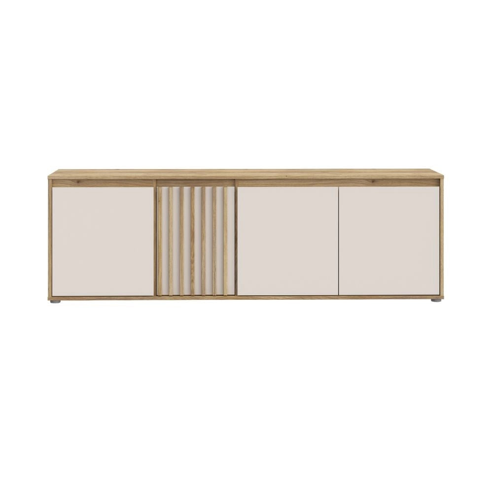 Porta TV Neutra Rovere e Cashmere con 4 Ante con dettagli Cannettati