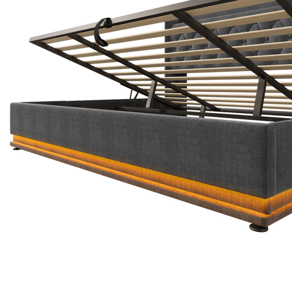 Letto imbottito 180x200 cm grigio in lino con LED; testiera con USB e vano contenitore idraulico