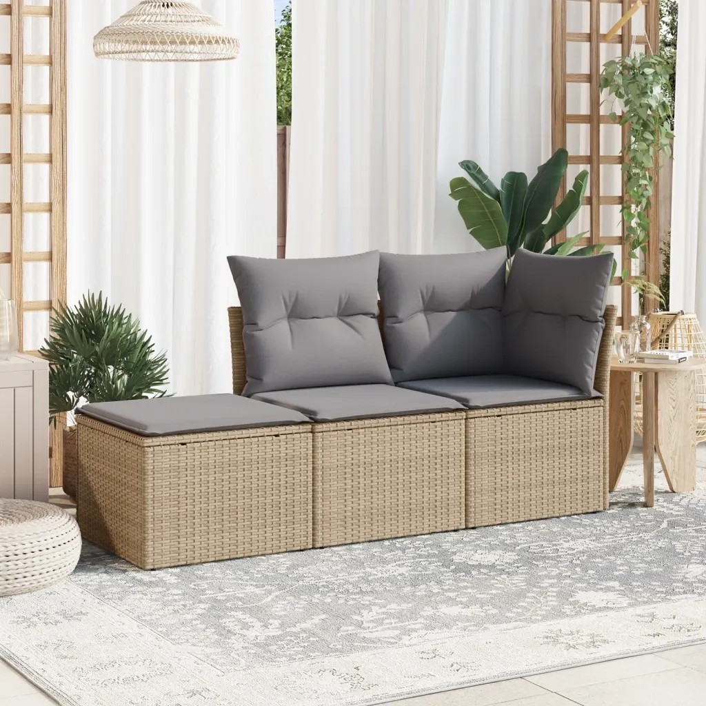 Set Divano da Giardino 3 pz | Set Salotto da Giardino con Cuscini Beige in Polyrattan