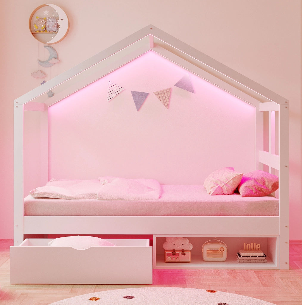 Letto singolo a casetta 90x190 cm con LED, cassetto e scarpiera