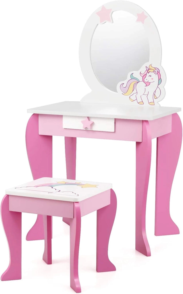 Set di Specchiera e Sgabello per Bambini, Tavolo da Trucco Giocattolo in Legno con Cassetto, Ideale Regalo per Ragazze di 3-7 Anni, con Portata di 15kg, 49x35,5x89cm (Rosa)